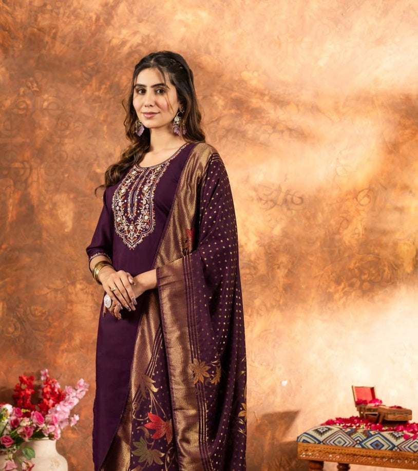 Pramukh Fab Plum Color Marina Silk Kurta Set