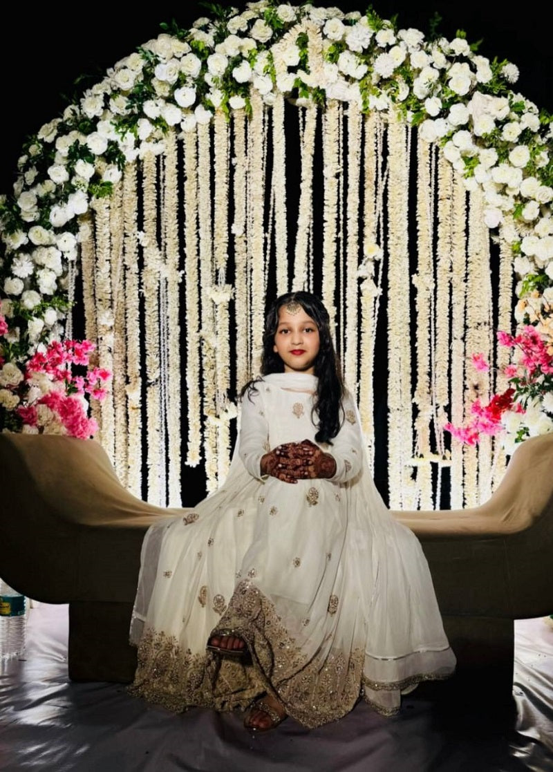 Evanik White Designer Pure Vichitra Embroidered Work Wedding Wear Kids Gown