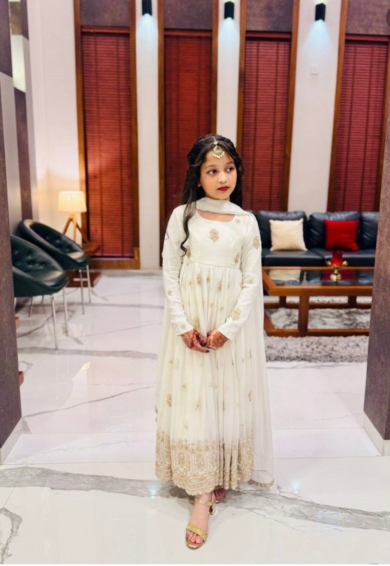 Evanik White Designer Pure Vichitra Embroidered Work Wedding Wear Kids Gown