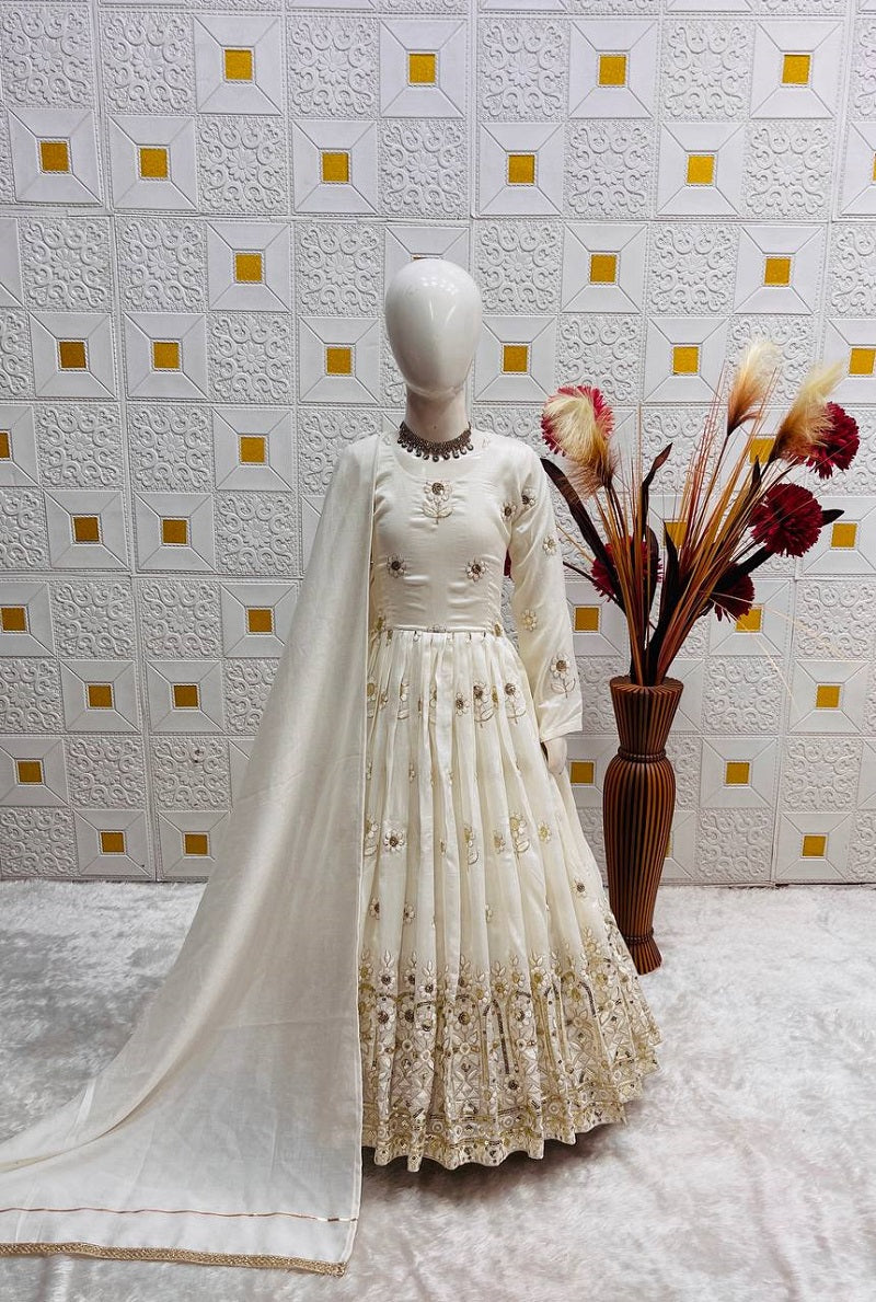 Evanik White Designer Pure Vichitra Embroidered Work Wedding Wear Kids Gown