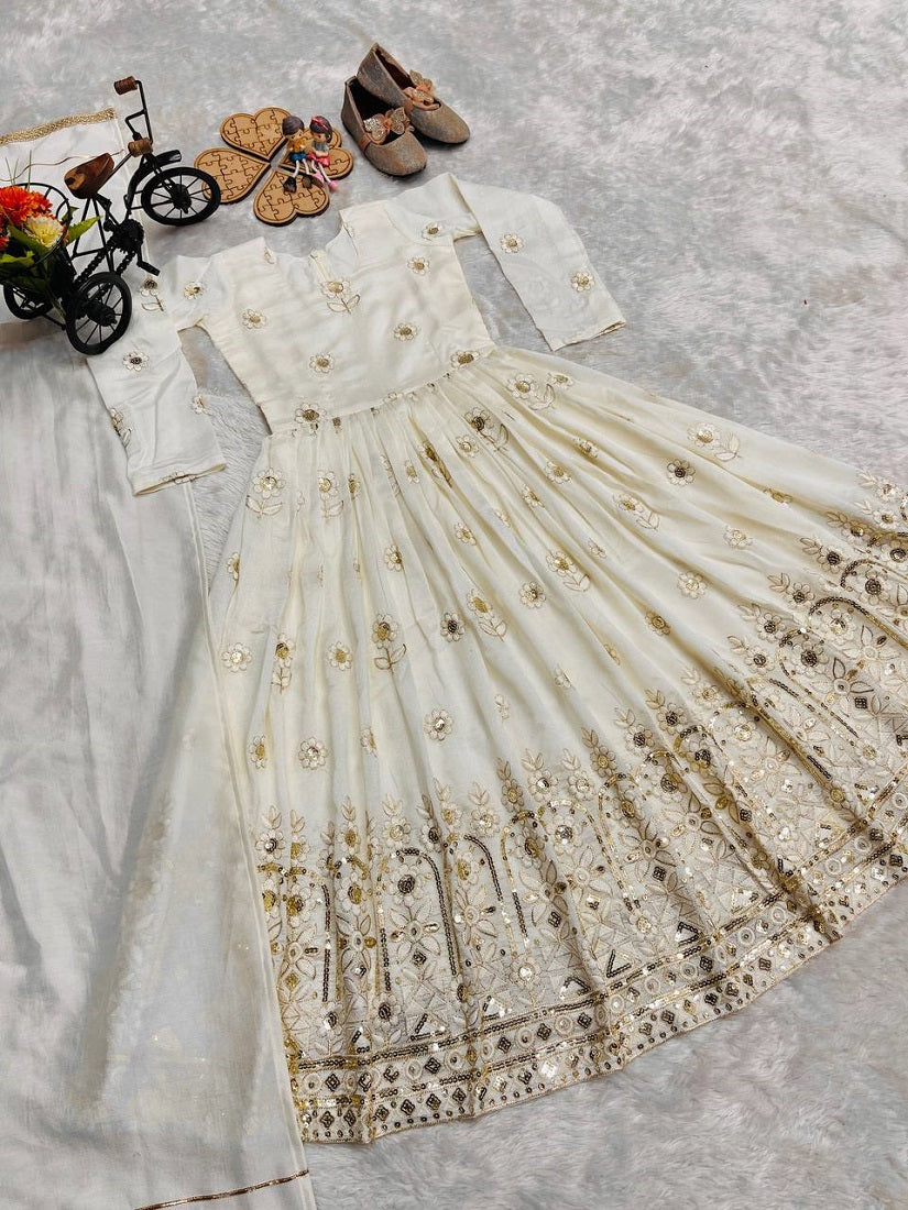 Evanik White Designer Pure Vichitra Embroidered Work Wedding Wear Kids Gown