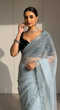 Evanik Skyblue Faux Georgette With Beads & Thread Work Saree With Unstitched Blouse