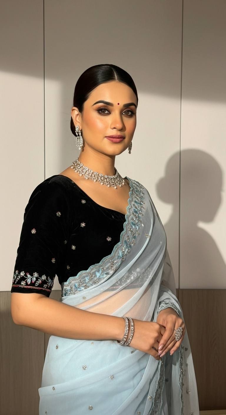 Evanik Skyblue Faux Georgette With Beads & Thread Work Saree With Unstitched Blouse