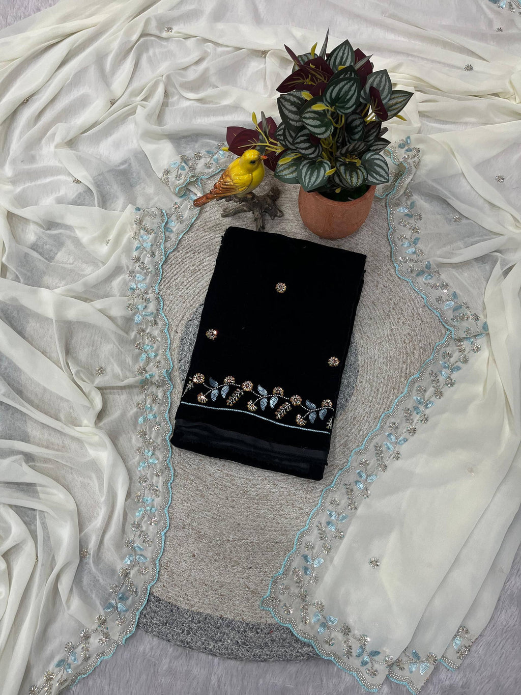 Evanik White Faux Georgette With Beads & Thread Work Saree With Unstitched Blouse