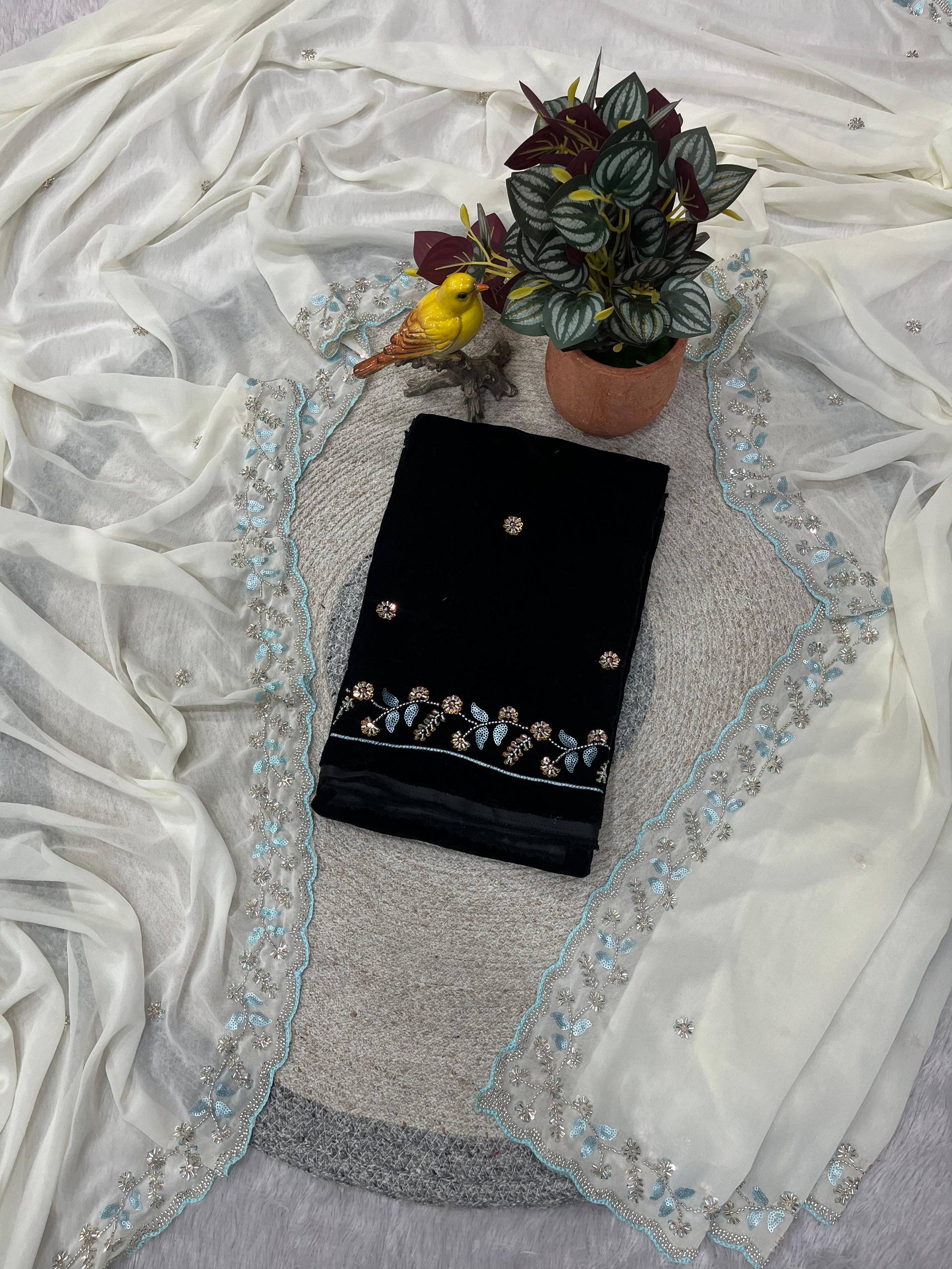 Evanik White Faux Georgette With Beads & Thread Work Saree With Unstitched Blouse