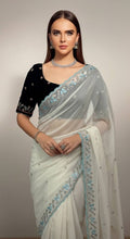 Evanik White Faux Georgette With Beads & Thread Work Saree With Unstitched Blouse