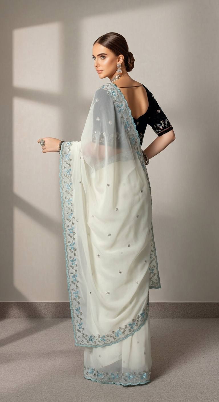 Evanik White Faux Georgette With Beads & Thread Work Saree With Unstitched Blouse