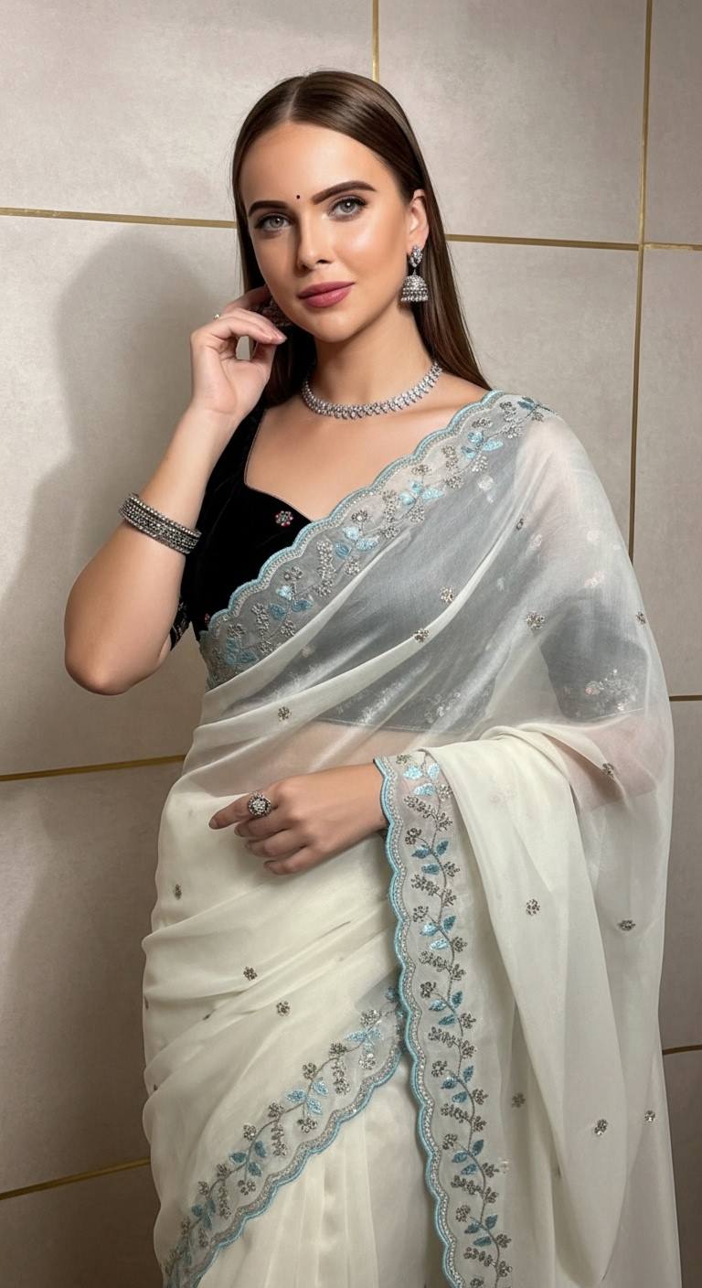 Evanik White Faux Georgette With Beads & Thread Work Saree With Unstitched Blouse