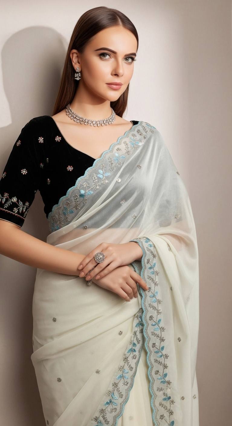 Evanik White Faux Georgette With Beads & Thread Work Saree With Unstitched Blouse