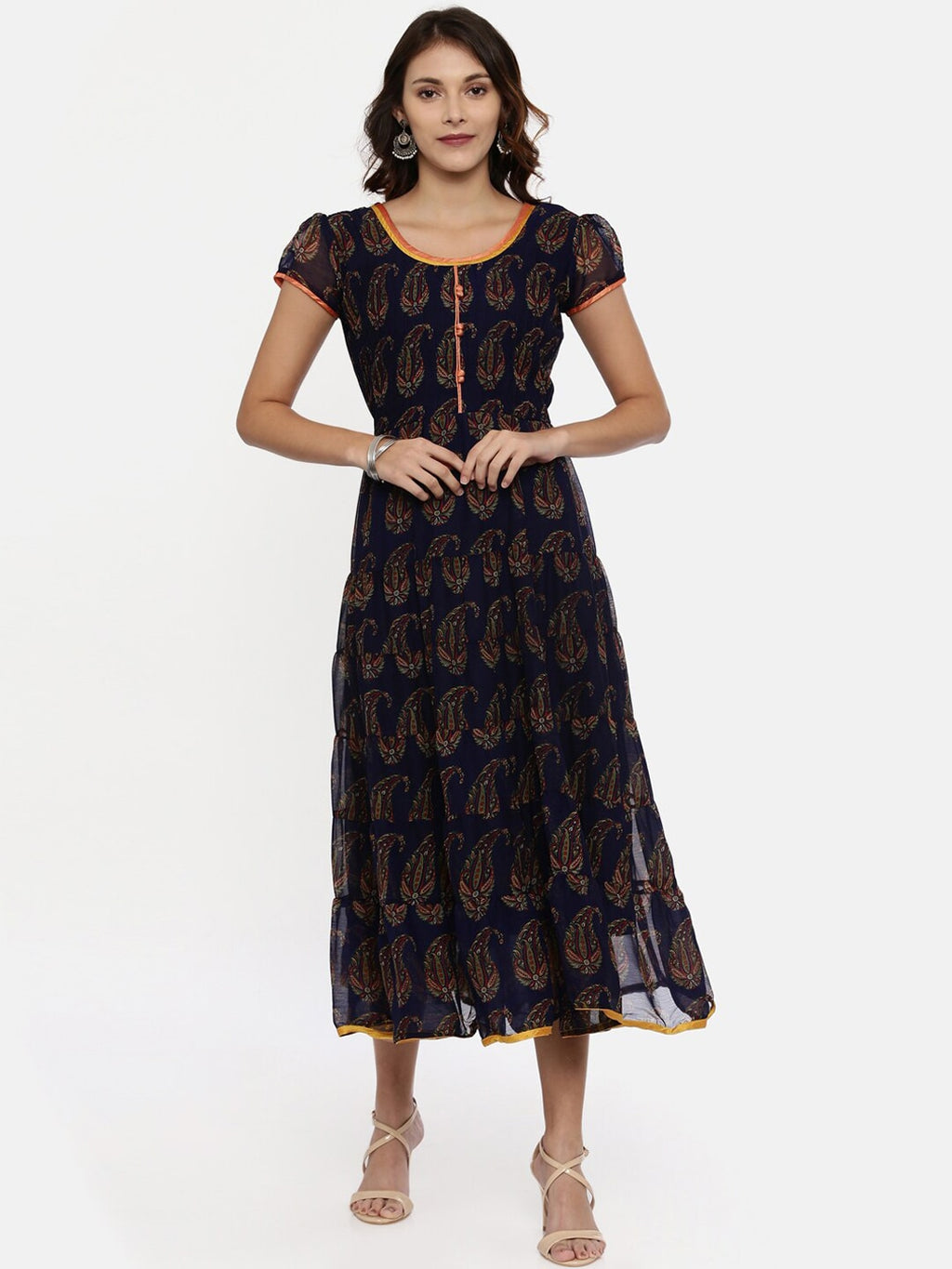 Souchii Navy Blue Printed Fit and Flare Dress