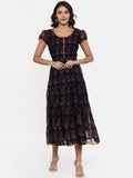 Souchii Women Navy Blue Printed Fit And Flare Dress