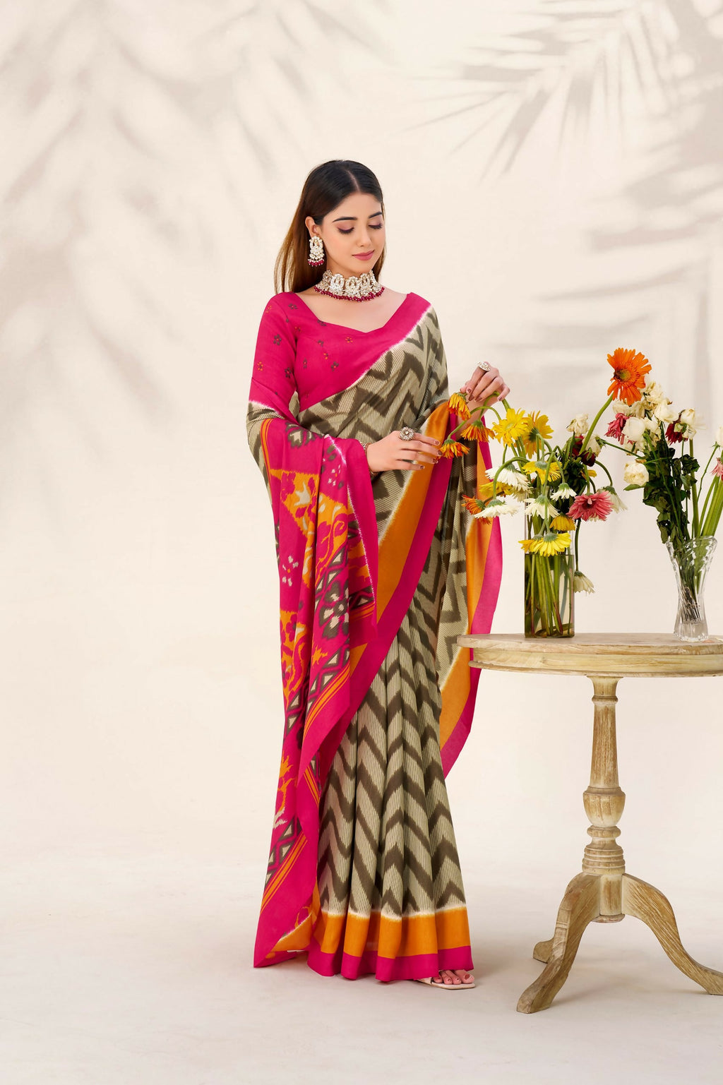 Vastranavya Mehendi Tussar Silk Zigzag Waves Printed Saree with Unstitched Blouse