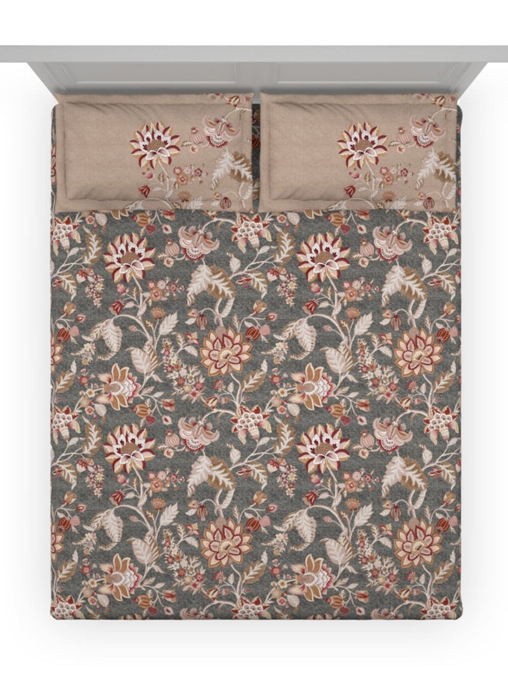 DDecor Grey & Maroon Ethnic Motifs 140 TC Cotton Queen Bedsheet with 2 Pillow Covers