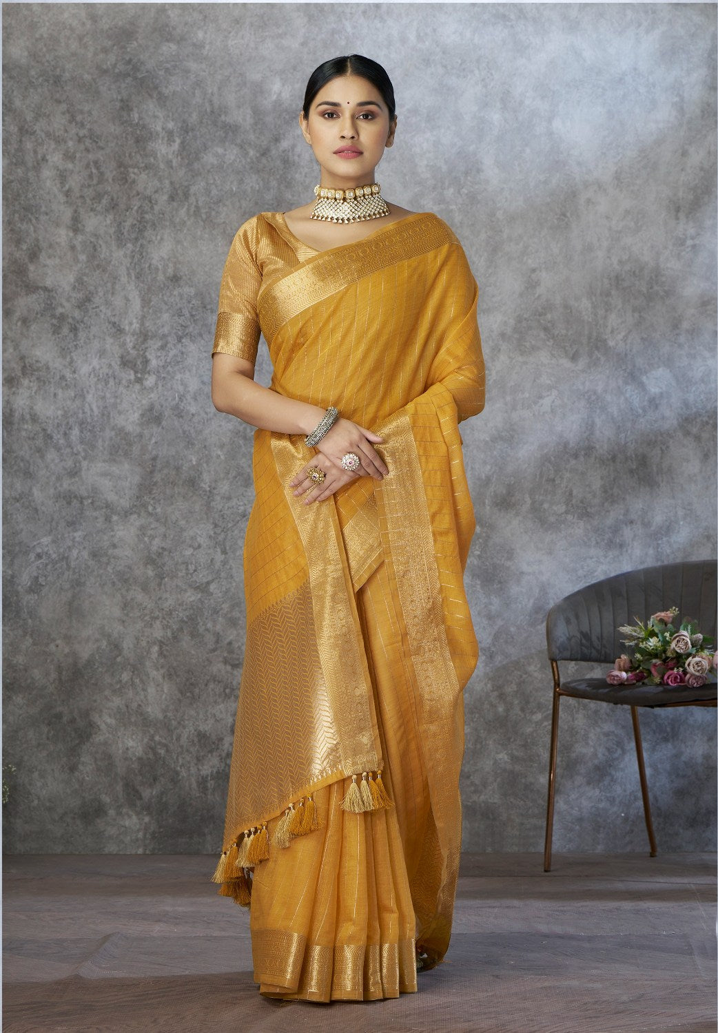Anaita Mustard Cotton Silk Zari Woven Work Saree With Blouse Piece