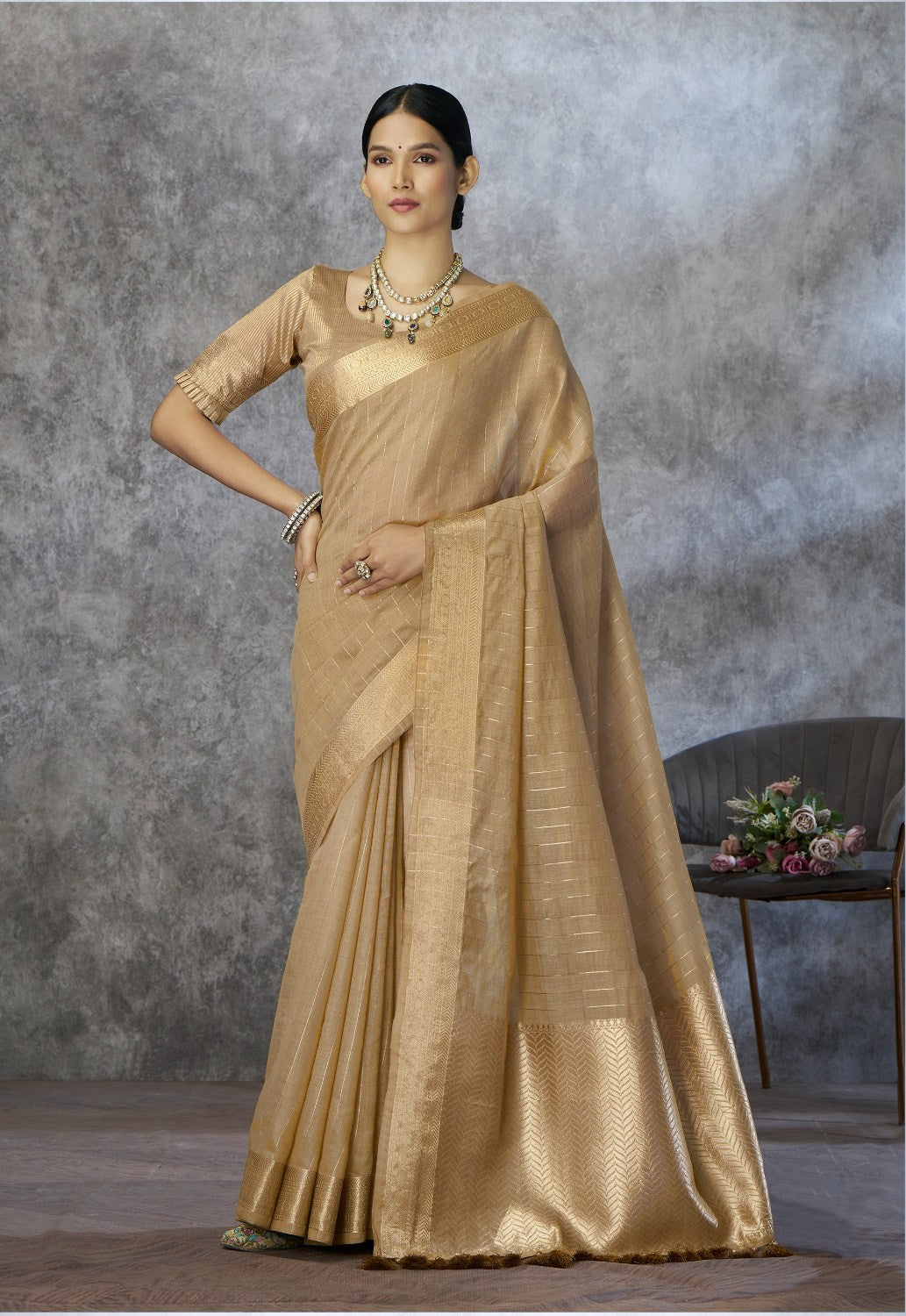 Anaita Dark Beige Cotton Silk Zari Woven Work Saree With Blouse Piece