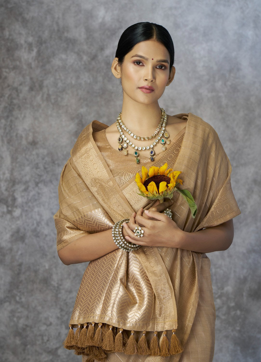 Anaita Dark Beige Cotton Silk Zari Woven Work Saree With Blouse Piece