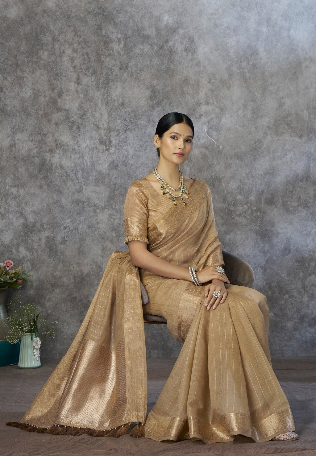 Anaita Dark Beige Cotton Silk Zari Woven Work Saree With Blouse Piece