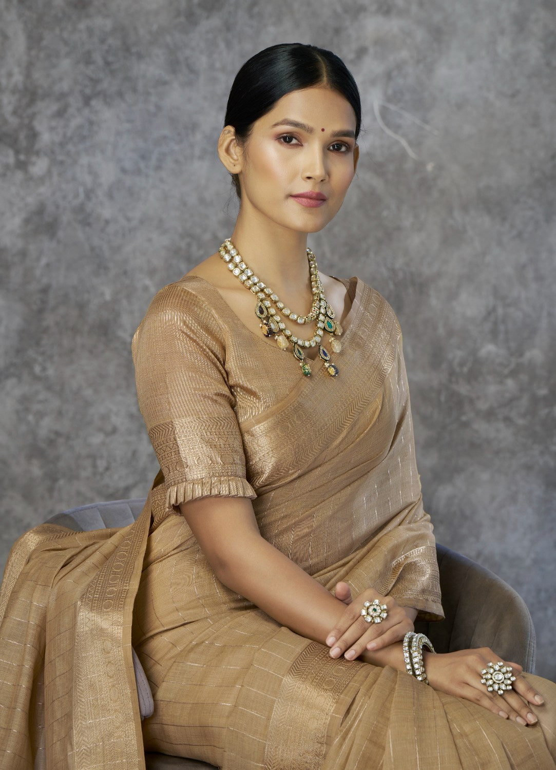 Anaita Dark Beige Cotton Silk Zari Woven Work Saree With Blouse Piece