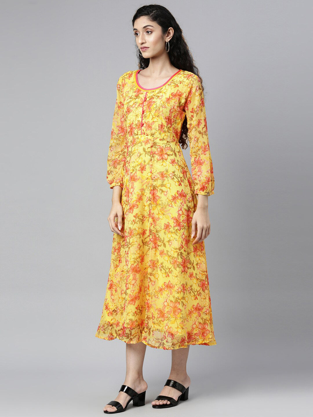 Souchii Floral Chiffon A-Line Midi Dress