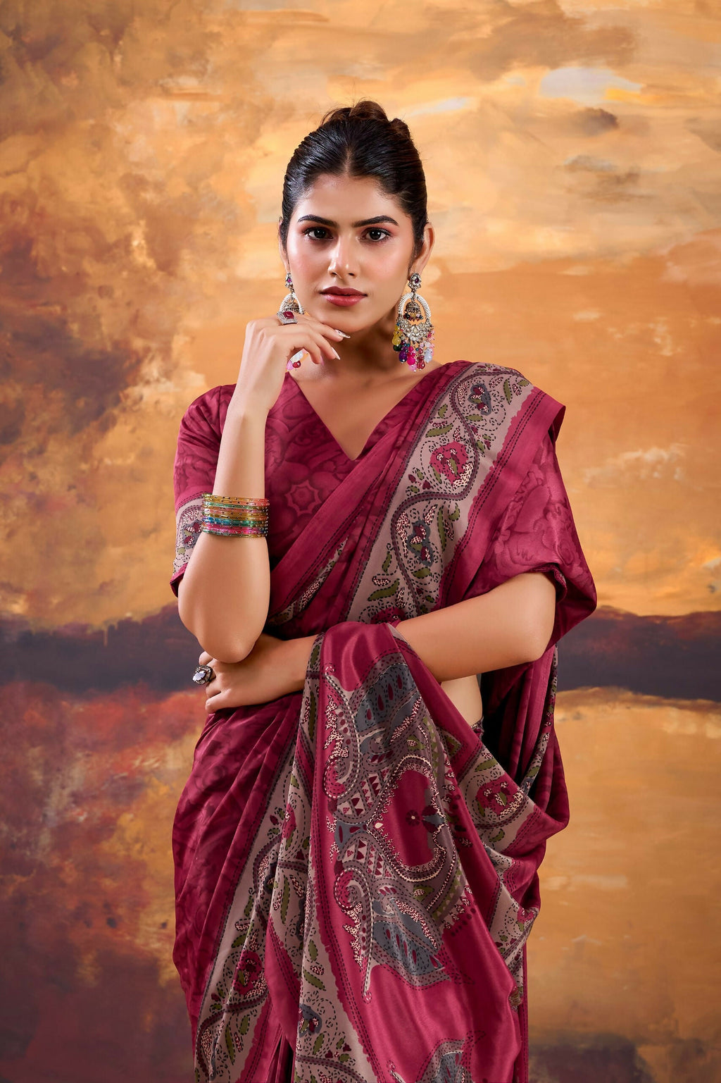 Vastranavya Pink Crepe Printed Saree with Unstitched Blouse