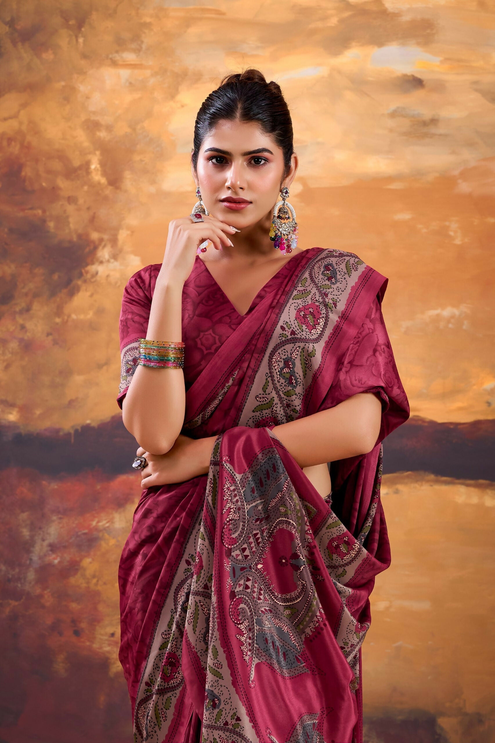 Vastranavya Pink Crepe Printed Saree with Unstitched Blouse