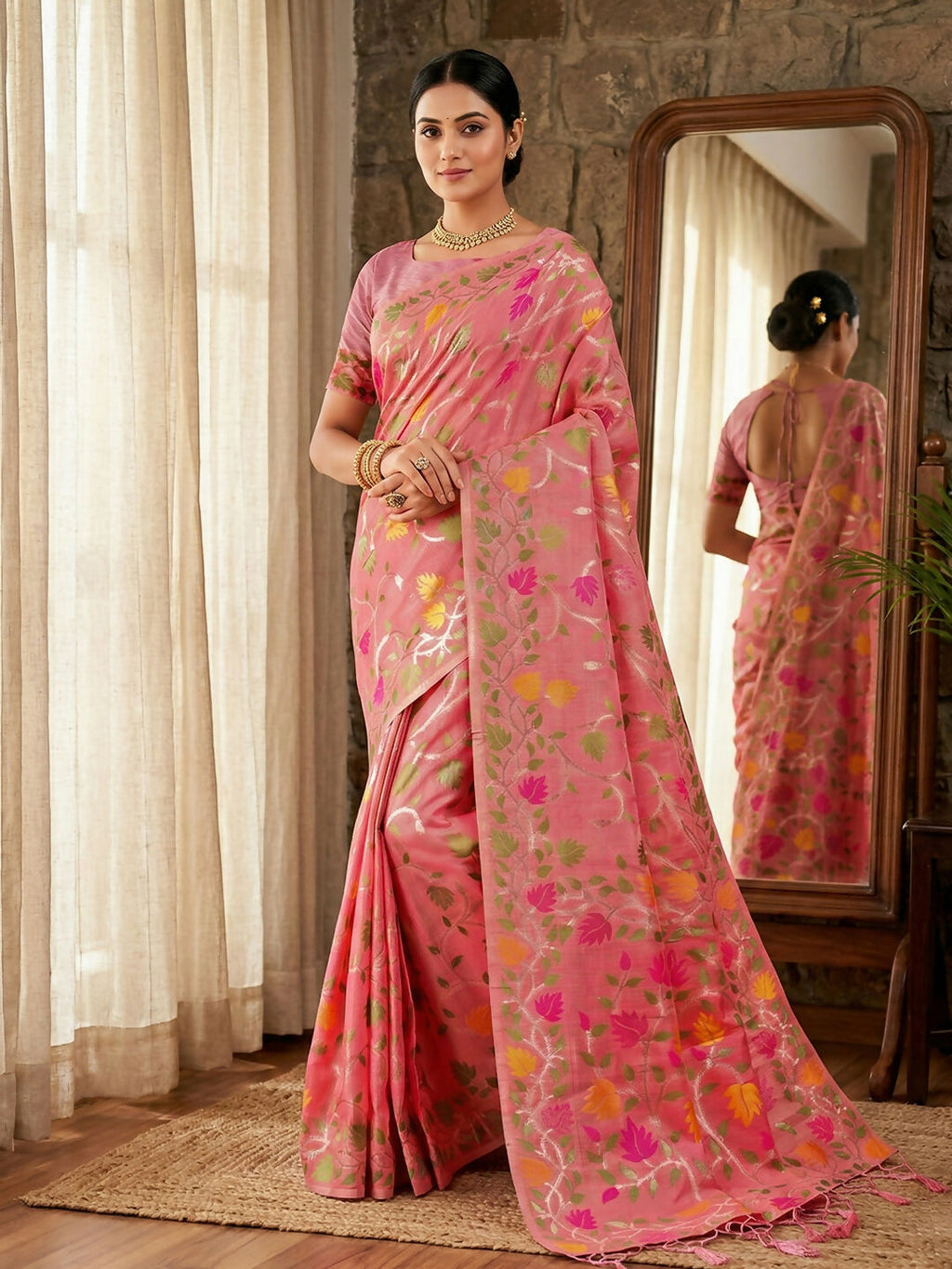 Shree Shyam Fashion Pink Linen Cotton Saree