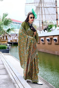Anaita Mehendi Ajrakh Printed Pure Satin Silk Saree With Blouse