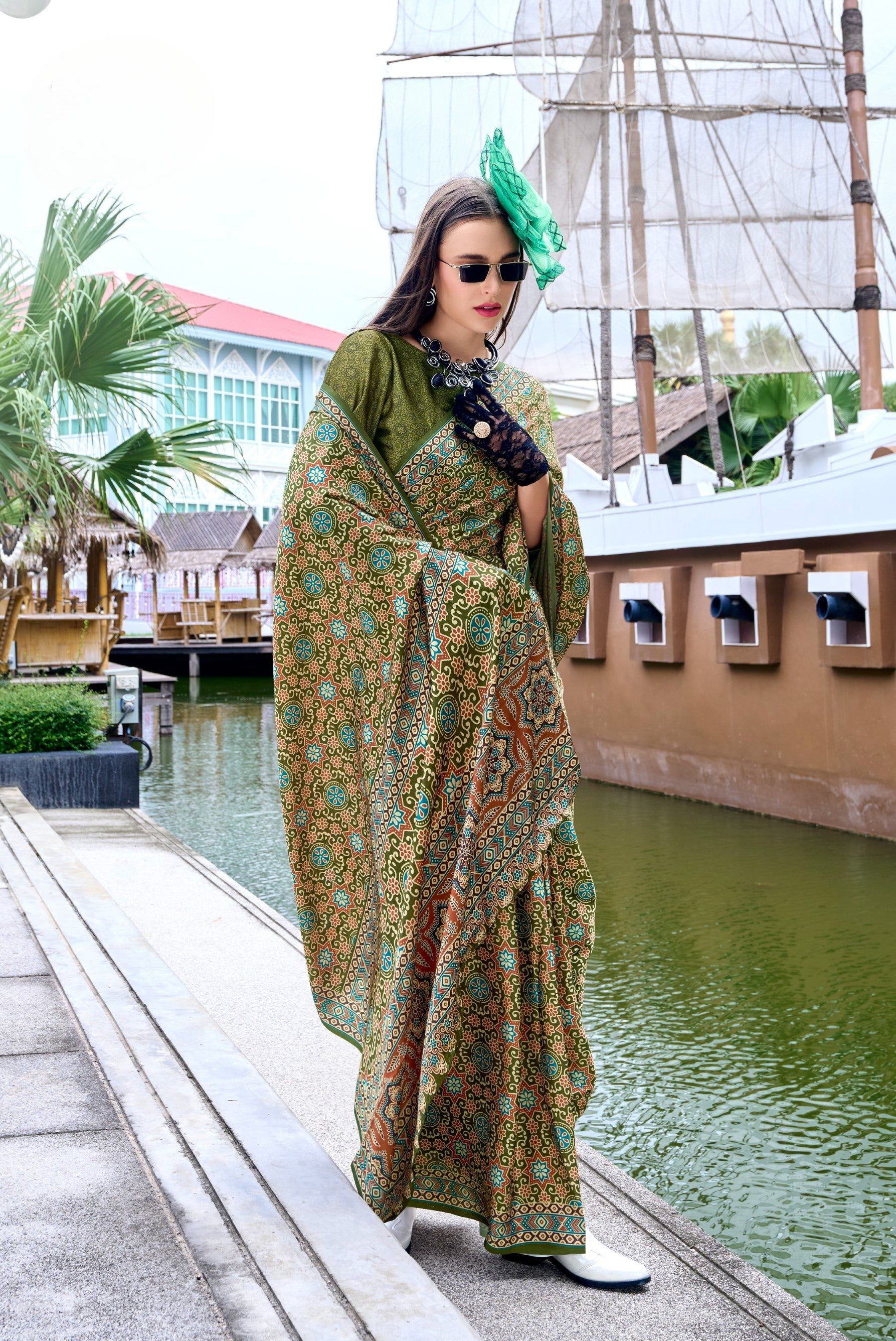 Anaita Mehendi Ajrakh Printed Pure Satin Silk Saree With Blouse