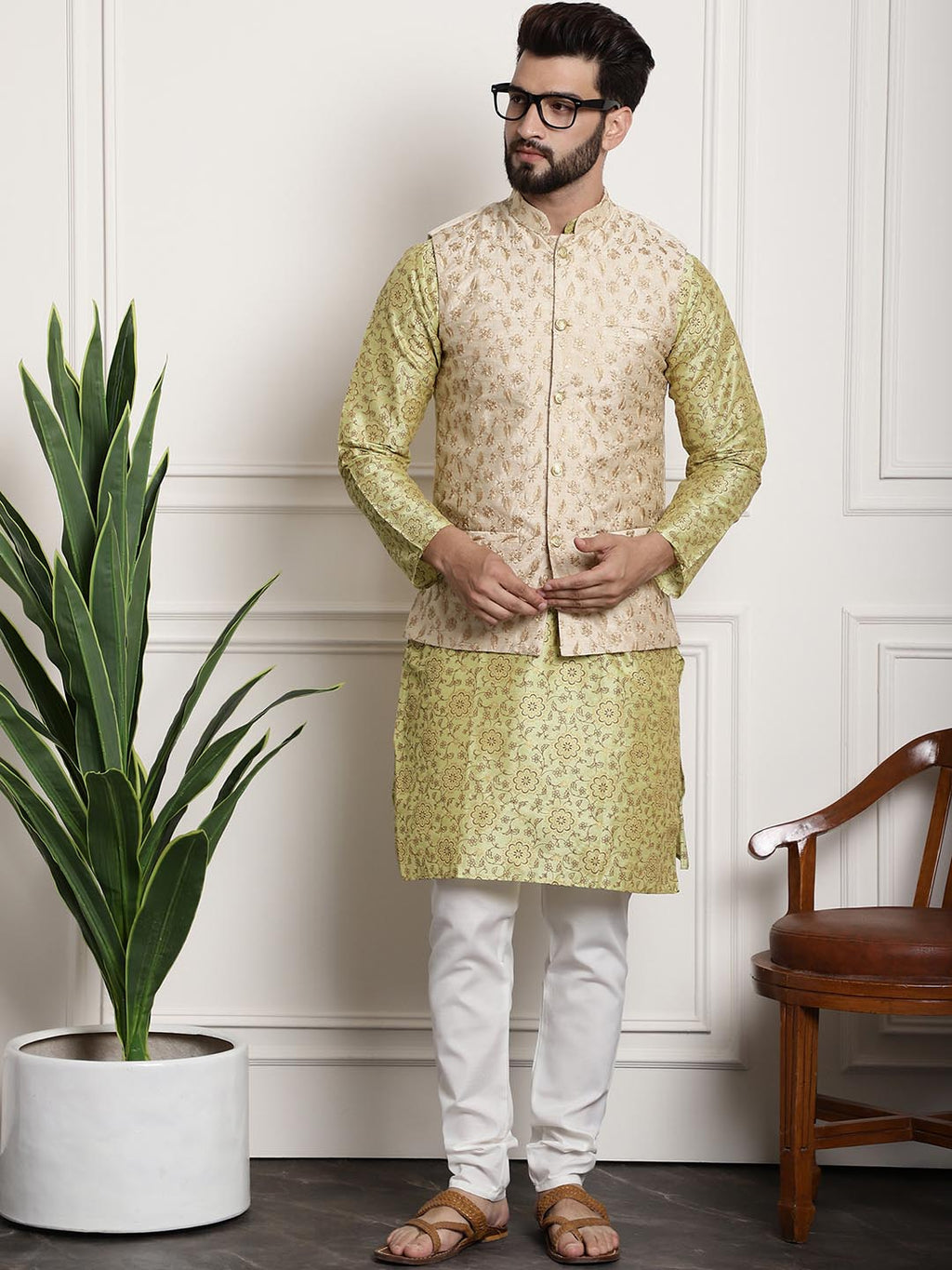 Sojanya Men Lime Green Ethnic Motifs Printed Kurta with Pyjamas & Nehru Jacket
