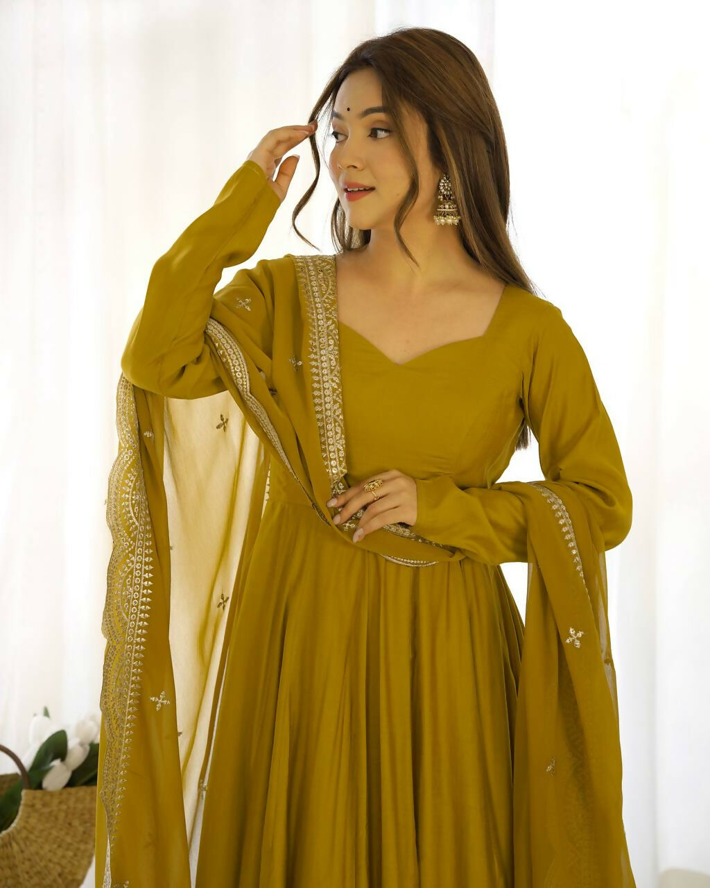 Lehenga Mart Designer Anarkali Suit With Kurta, Pant, Dupatta For Women-Mustard
