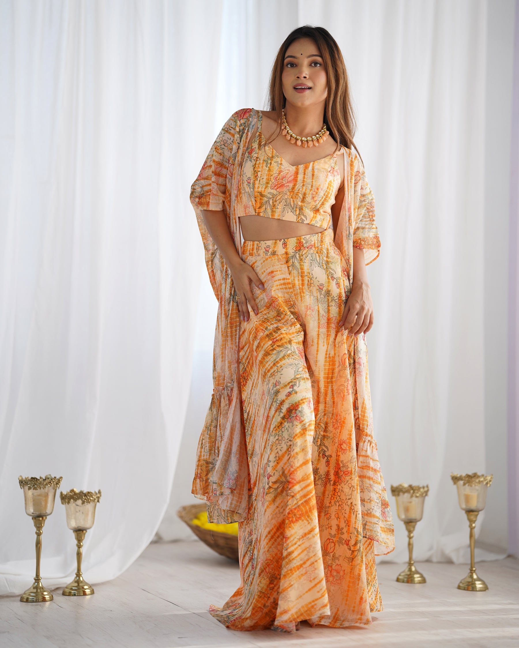 Lorenvalley Fashion Faux Georgette Floral Printed Shrug Blouse With Palazzo Set