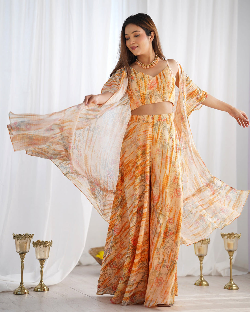 Lorenvalley Fashion Faux Georgette Floral Printed Shrug Blouse With Palazzo Set