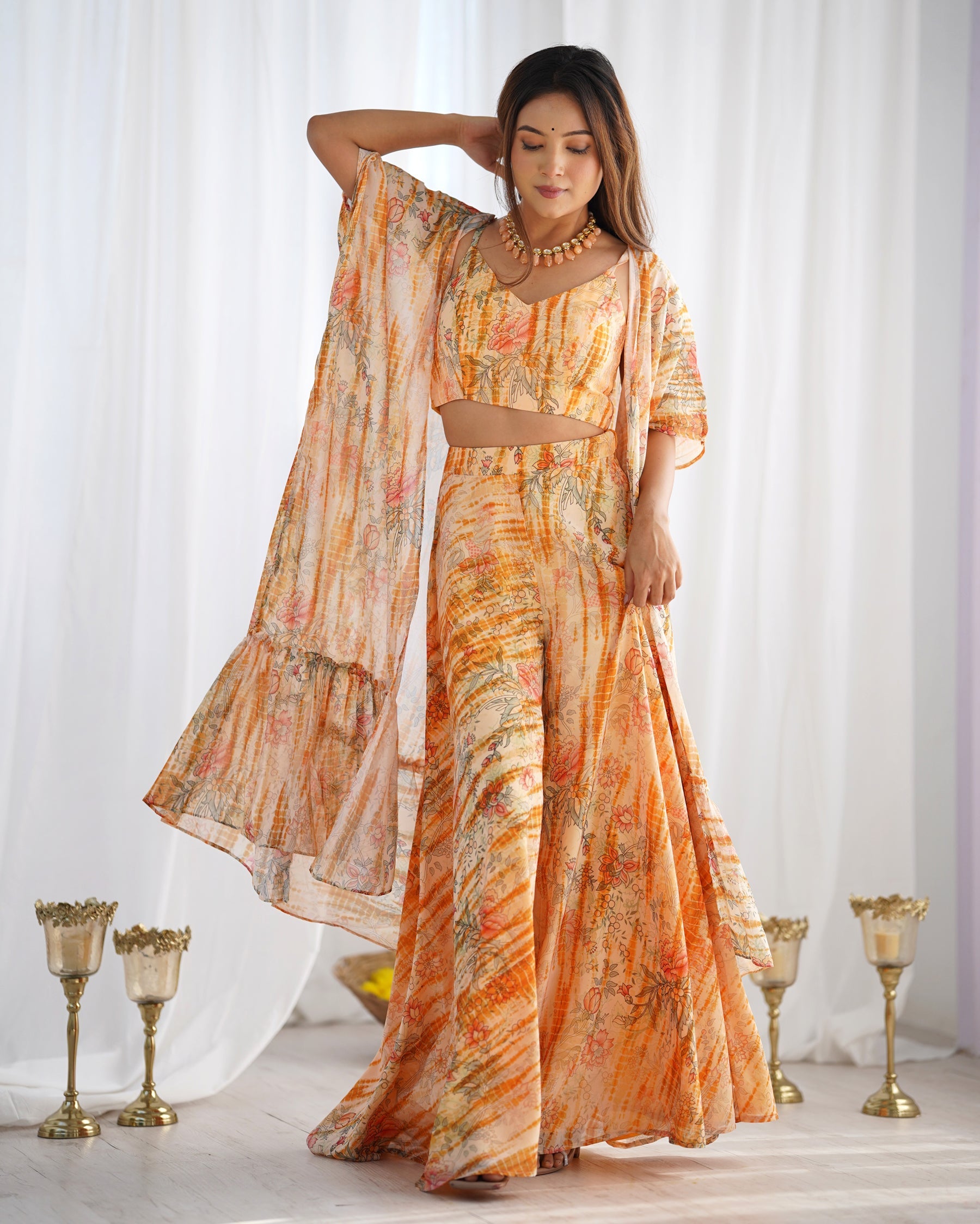 Lorenvalley Fashion Faux Georgette Floral Printed Shrug Blouse With Palazzo Set