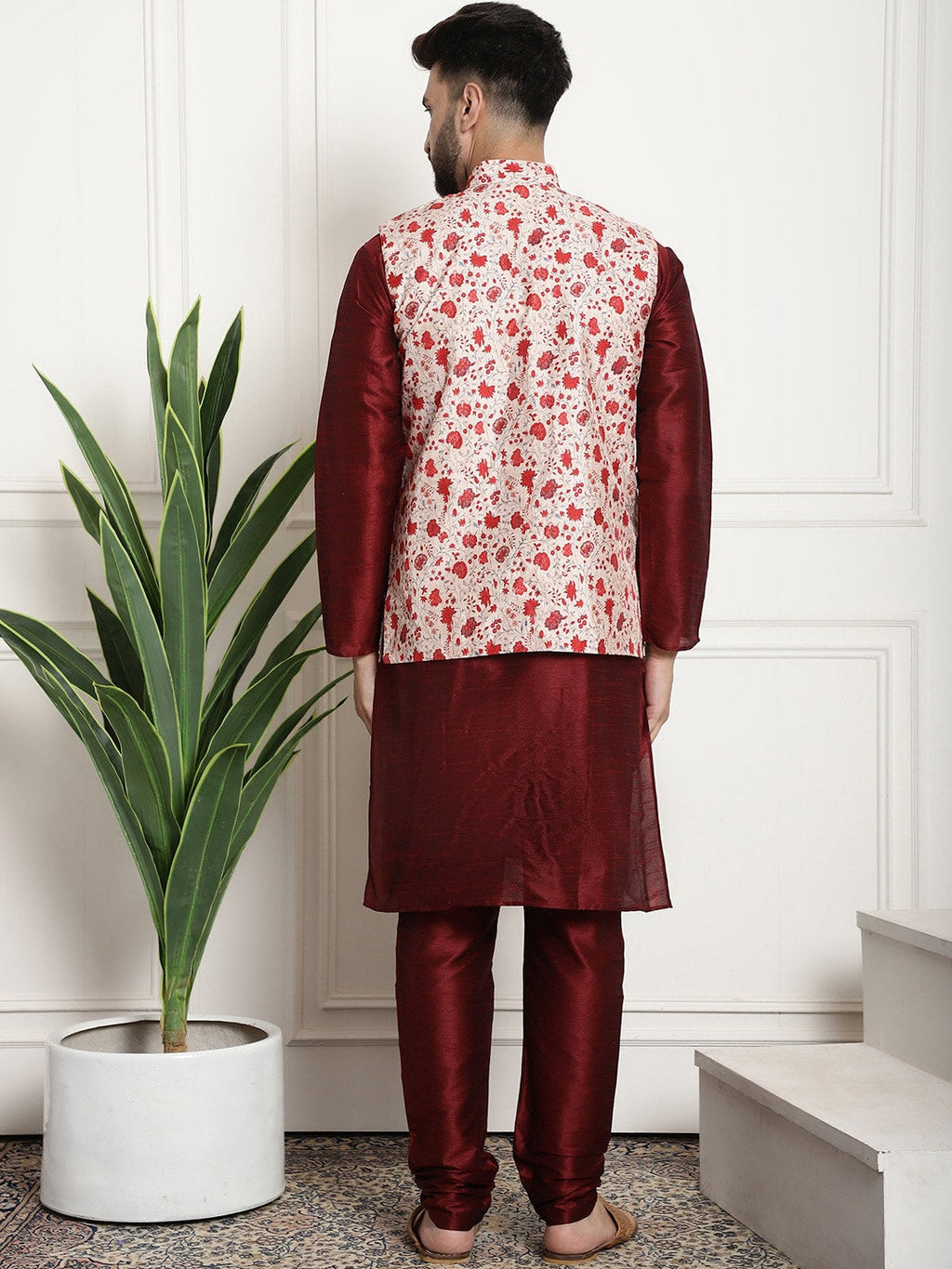 Sojanya Men Maroon & Beige Solid Kurta with Churidar & Printed Nehru Jacket