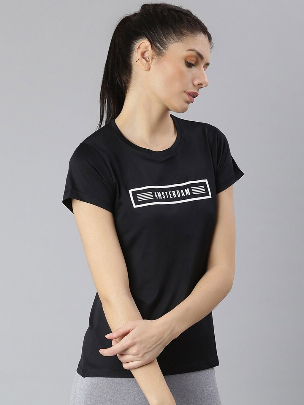 MKH Women Black Typography Printed Round Neck Dri-FIT T-shirt