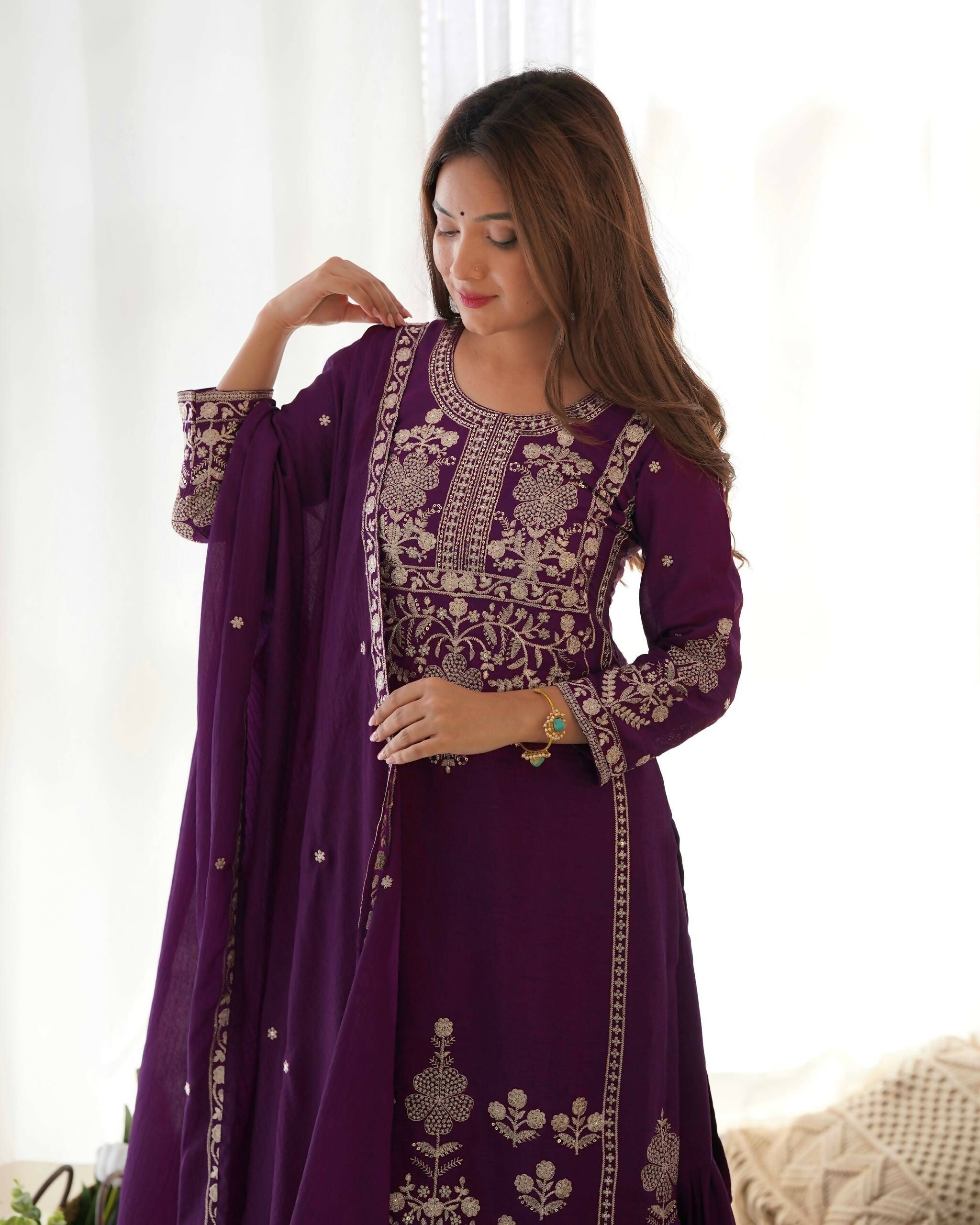 Teeya Creation Purple Color Chinon Silk Embroidery Work Wedding Wear Palazzo Set
