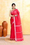 Piyari Fashion Women's Rani Pink Embellished Cotton Blend Zari Border Handloom Saree