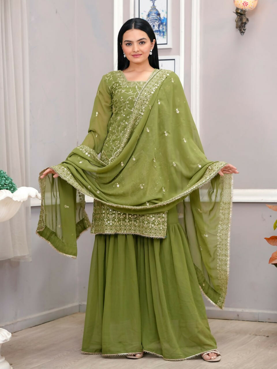 Teeya Creation Mehendi Green Faux Georgette Embroidery Work Sharara Set