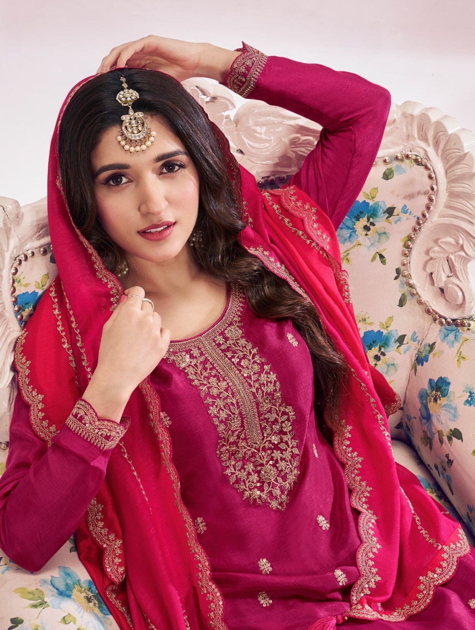 Anaita Pink Premium Embroidered Vichitra Silk Salwar Suit