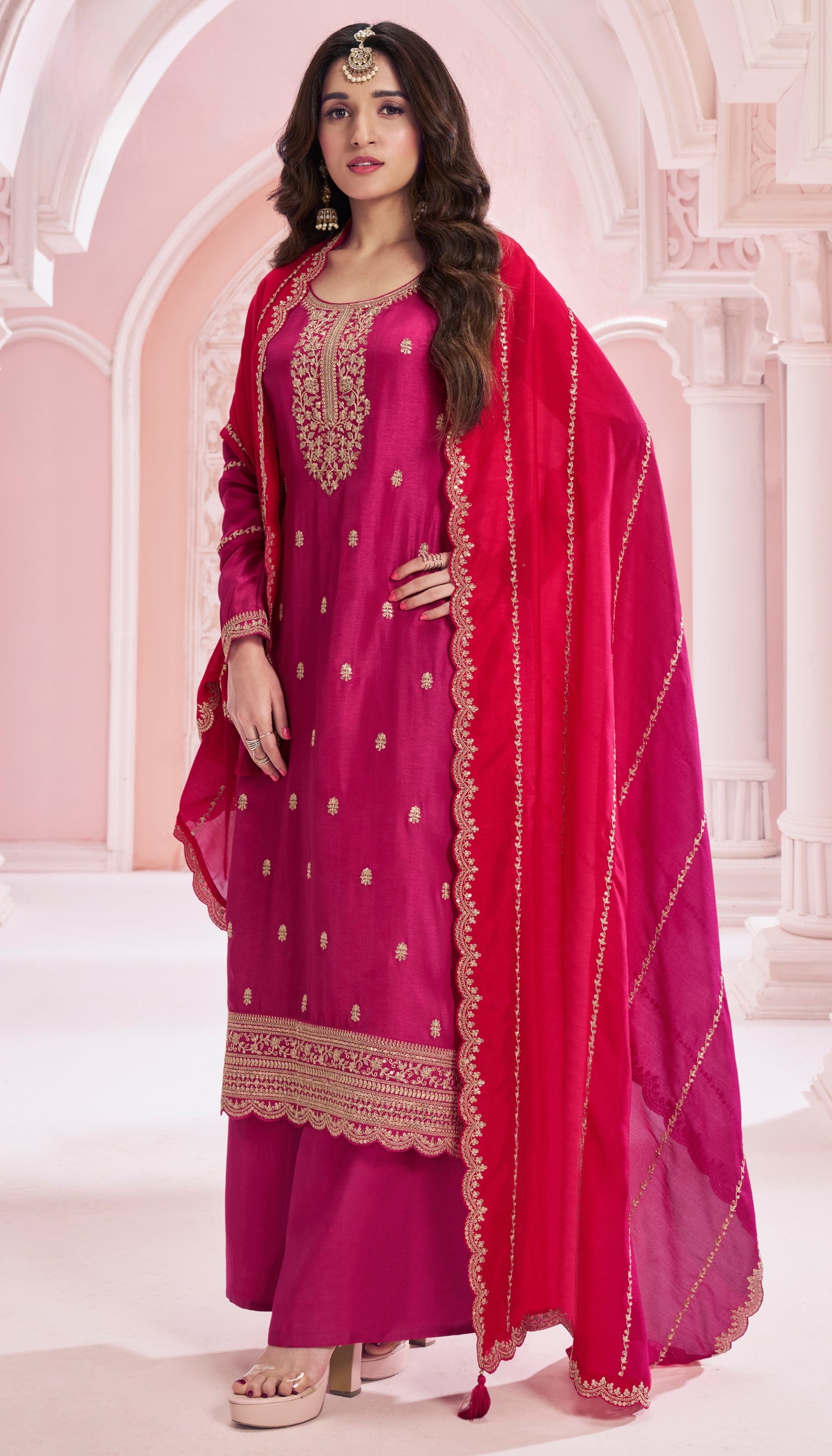 Anaita Pink Premium Embroidered Vichitra Silk Salwar Suit