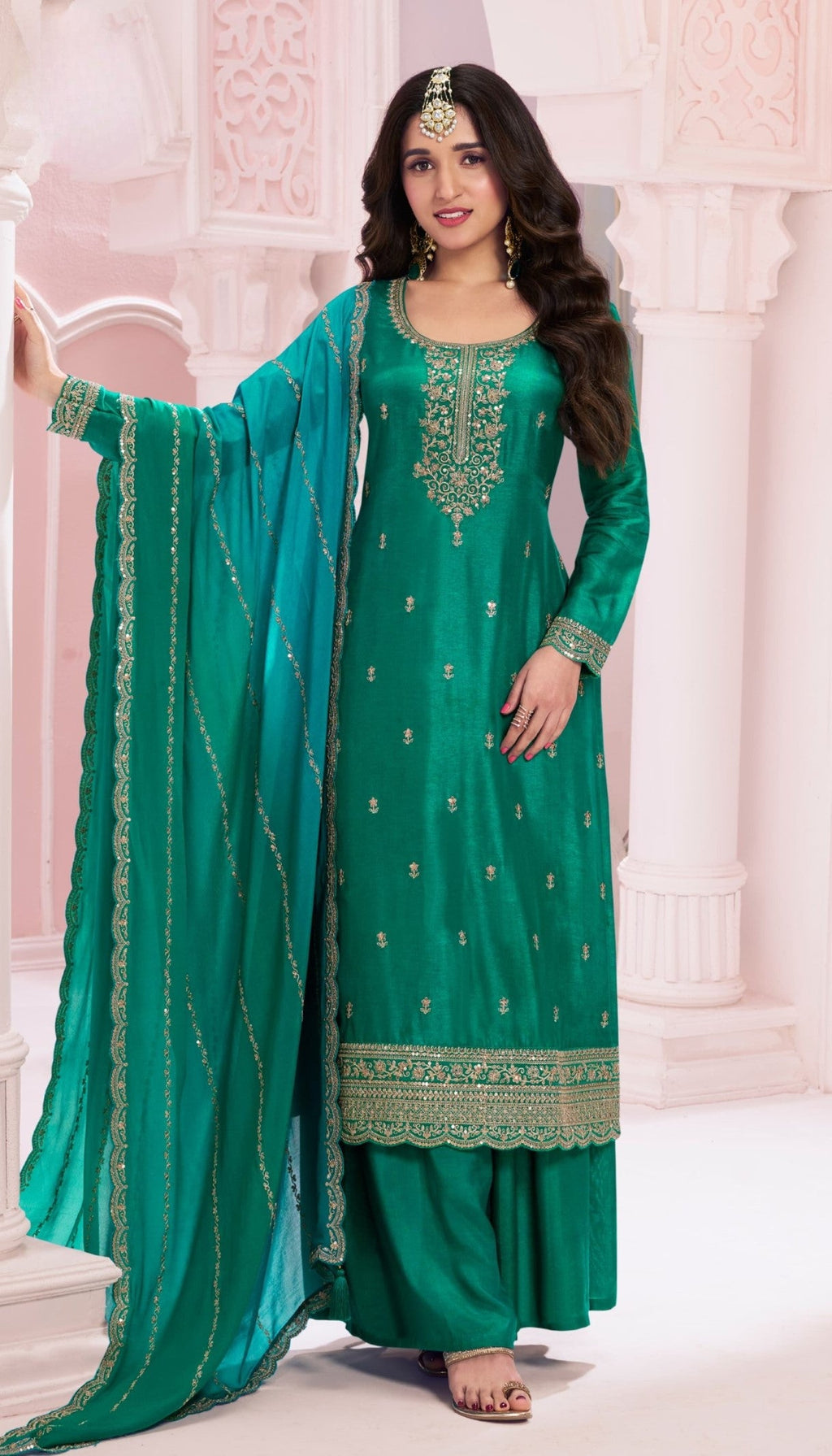Anaita Green Premium Embroidered Vichitra Silk Salwar Suit