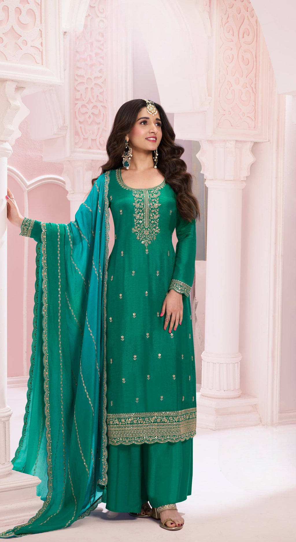 Anaita Green Premium Embroidered Vichitra Silk Salwar Suit