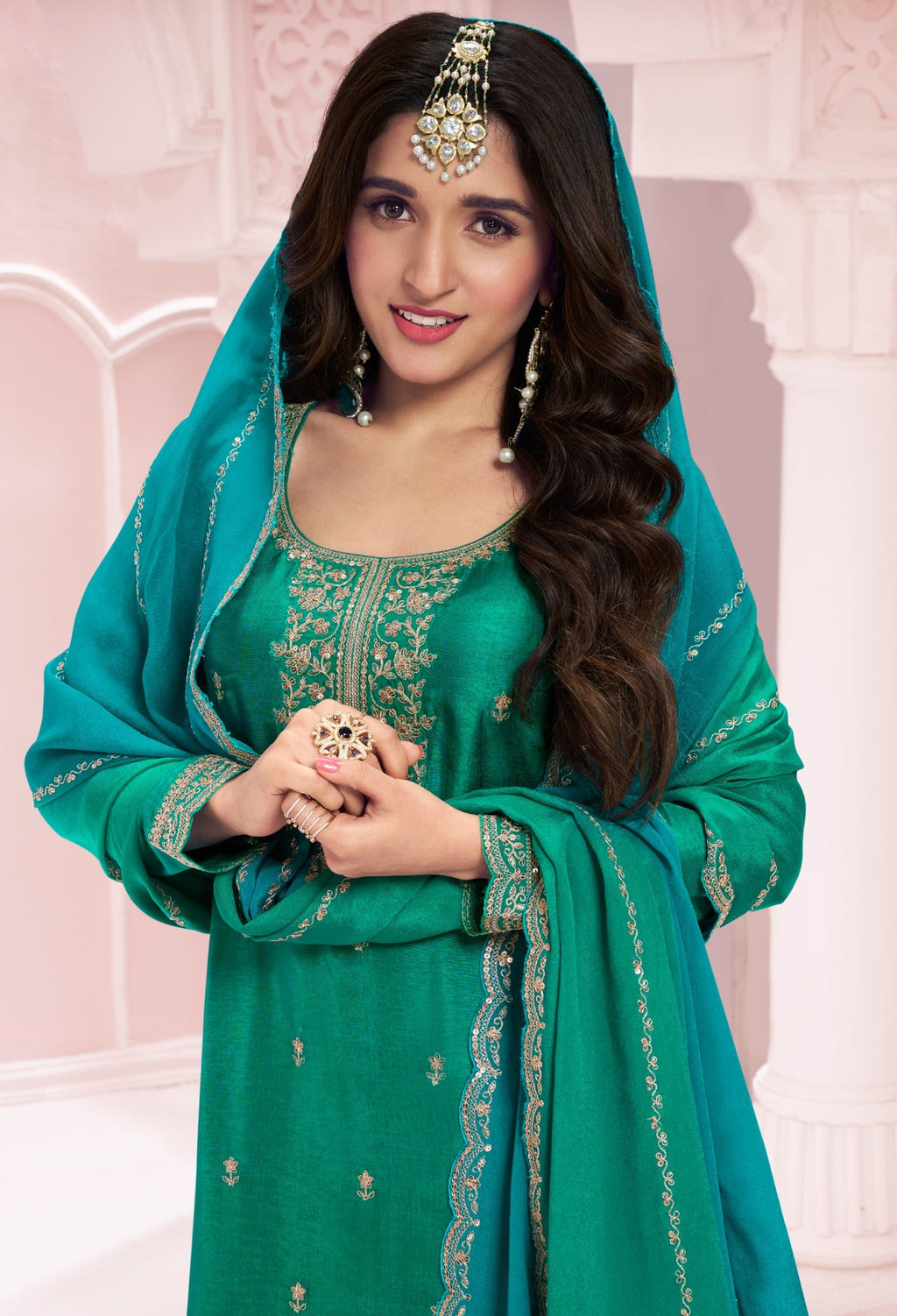 Anaita Green Premium Embroidered Vichitra Silk Salwar Suit