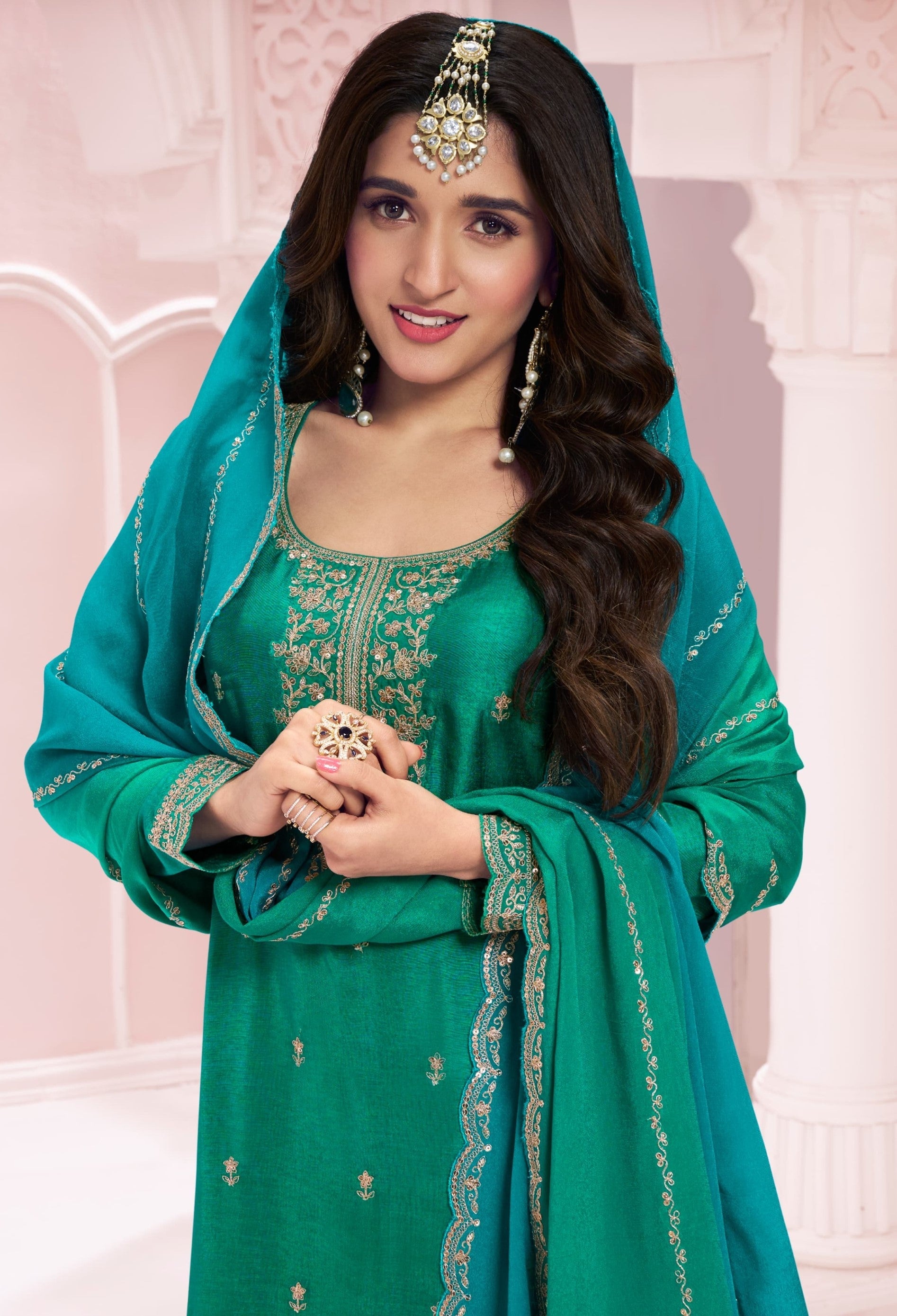 Anaita Green Premium Embroidered Vichitra Silk Salwar Suit