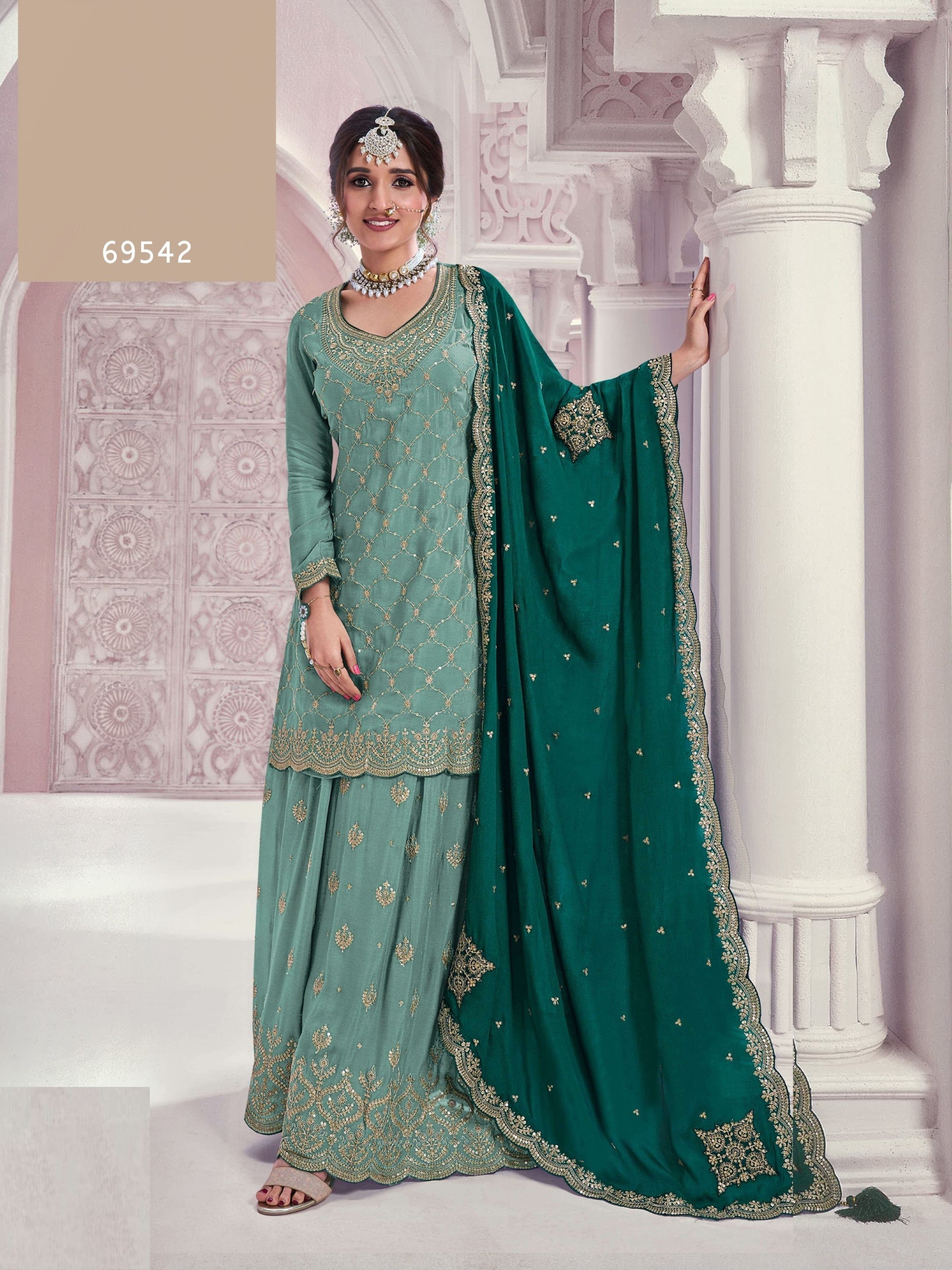 Anaita Sky Blue Chinon Sequence Embroidered Readymade Salwar Suit