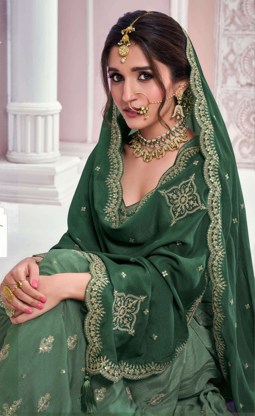 Anaita Dark Green Chinon Sequence Embroidered Readymade Salwar Suit