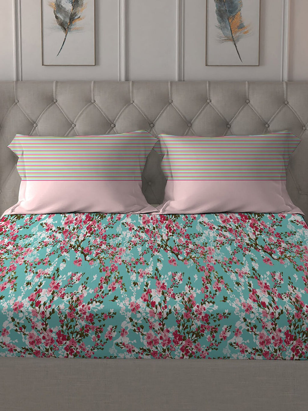 MYTRIDENT Turquoise Blue Pink Floral Pure Cotton 144 TC Queen Bedsheet 2 Pillow Covers