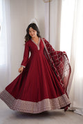 Lorenvalley Fashion Maroon Vichitra Silk with Full Kali Pattern Embroidery work Anarkali Gown with Dupatta