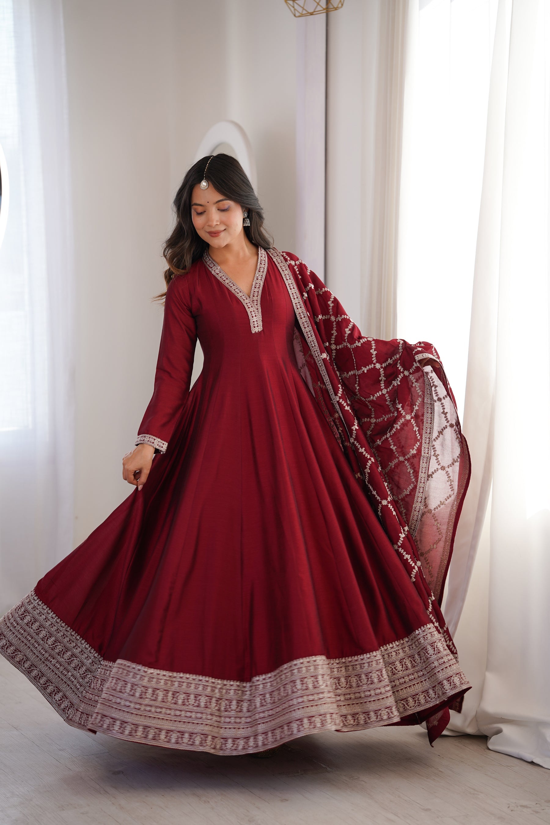 Lorenvalley Fashion Maroon Vichitra Silk with Full Kali Pattern Embroidery work Anarkali Gown with Dupatta