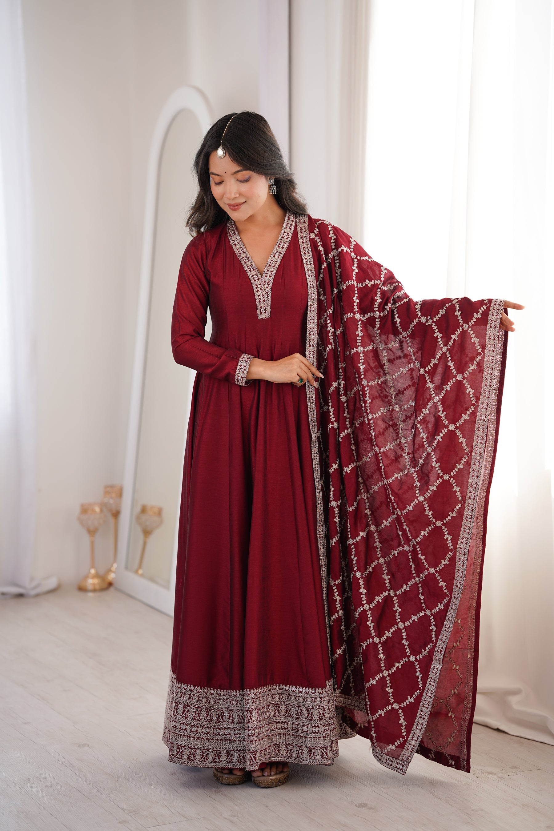 Lorenvalley Fashion Maroon Vichitra Silk with Full Kali Pattern Embroidery work Anarkali Gown with Dupatta